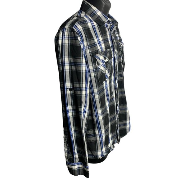 Eighty Eight Button Up Plaid Shirt L Black White Roll Tab Sleeves Chest Pockets - Picture 4 of 5